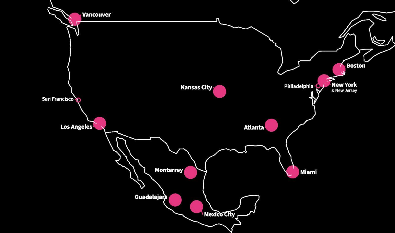 Map of FIFA World Cup 2026 host cities across Canada, the United States and Mexico